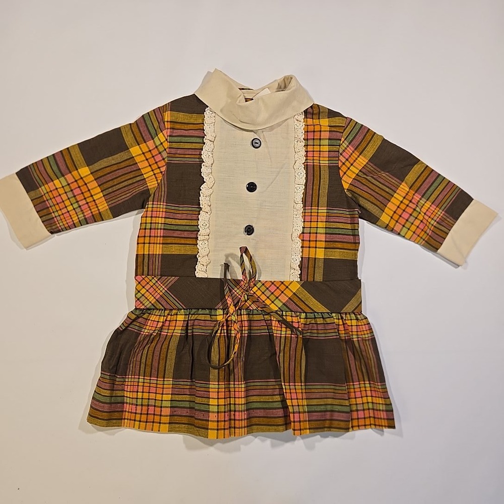 VTG Sears Toddler 3 Dress Brown Plaid Long Sleeve Perma Prest Ruffle Skirt 1960s